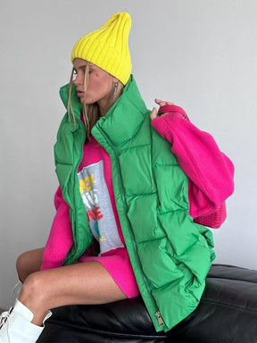 Winter Down Jacket Vest  Casual Green Oversize Plaid Parkas Fashion Puffer Coat Stand Collar Cotton Padded Female Outwear