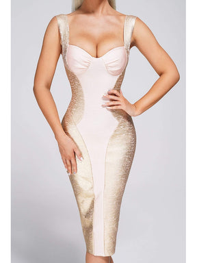 Sexy Spaghetti Strap V Neck Midi Bandage Dress Elegant Gold Backless Gold Bronzing Print Bodycon Dress Party Evening Nightclub