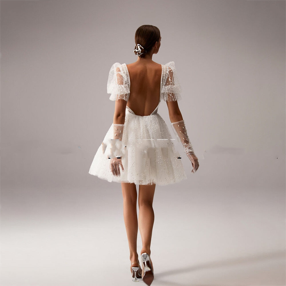 Sexy V-Neck Wedding Dress A-Line Short Sleeves Tulle Mini Bride Gowns 2022 Modern Short  Custom Made Civil Robe De Mariee