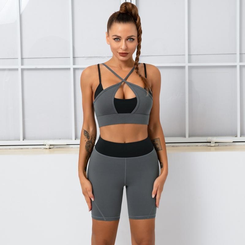 Fashion Sexy Yoga Suit Two Piece Set Women Gather Shockproof Sports Bra Set Running Fitness Ride Shorts Gym Sets Womens Outfits