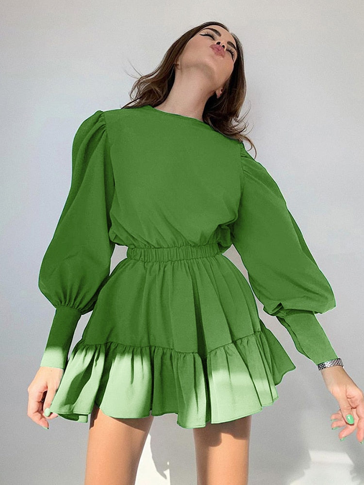 Lantern Sleeve Vintage Dress Long Sleeve O-Neck Casual Women Ruffle Dress Short Mini