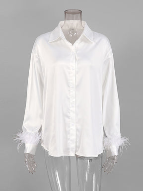 Fashion Elegant Long Sleeve Spliced Feathers Solid Ladies Tops Silk Satin Blouse