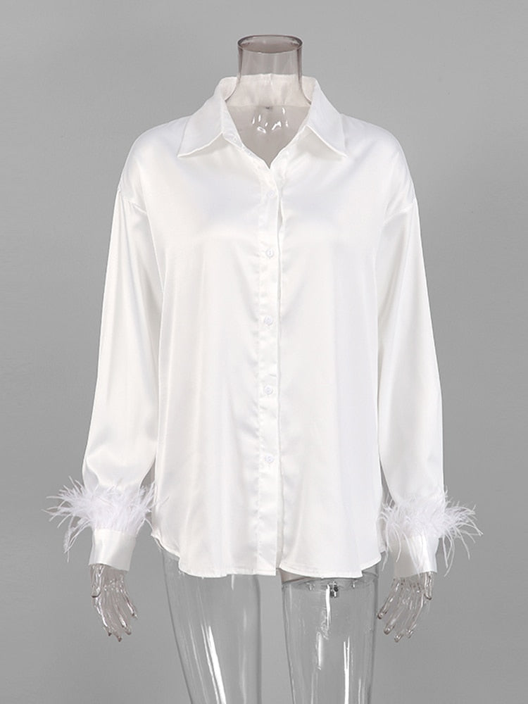 Fashion Elegant Long Sleeve Spliced Feathers Solid Ladies Tops Silk Satin Blouse