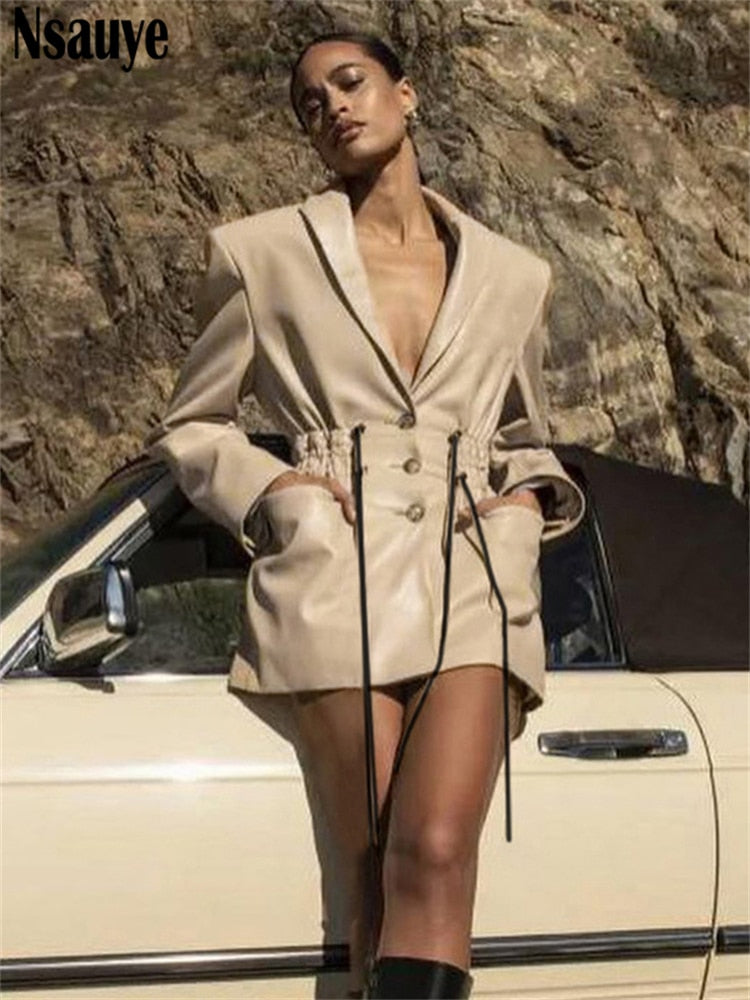 Nsauye Women Long Sleeve Slim Faux Leather Jacket Autumn Winter Female Streetwear Fashion Vintage Shoulder Pads Coat Top Outwear