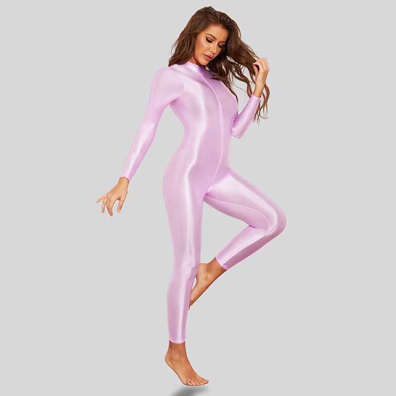 Shiny Satin Sexy Body Suits Women Long Sleeve Bodysuit Full Length One-piece Tights Silky Smooth Zipper Open Crotch Rompers