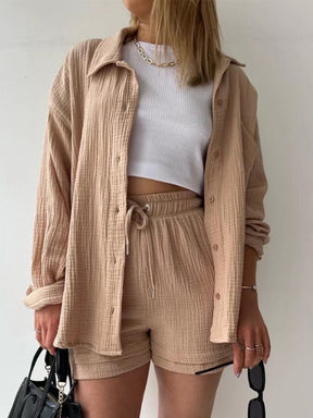 Summer Fashion Chic Pleated Lapel Shirts Sets Women Long Sleeve Blouses High Waist Shorts Sets