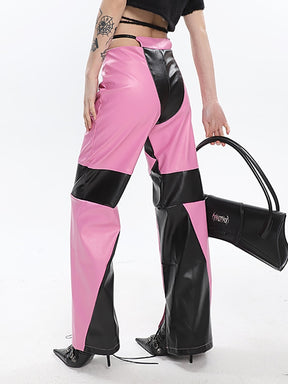 Leather Pants Straight High Waist Patchwork Contrast Color Zipper Trousers Spring 2022 Trend New