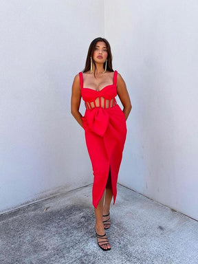 Sexy Spaghetti Strap Hollow Midi Bandage Dress Elegant Draped Mesh Slit Sleeveless Backless Bodycon Dress Red Black Club Party