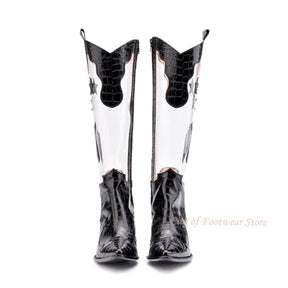 White Star Clear Leather Knee High Boots Women Black Block Mid Heel Pointy Toe Zipper Tall Chelsea Boot  Designer Shoes