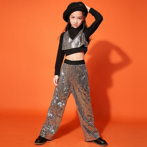 Girls Hip Hop Crop Top Sequins Silver Pants Clothes Sets Kids Jazz Vest Outfit Child Streetwear Teens Street Dance Stage Costume