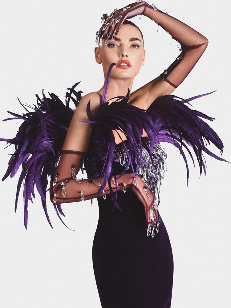 Luxury Evening Party Long Dress Women Elegant Square Neck Feather Crystal Design Purple Velvet Dress With Gloves