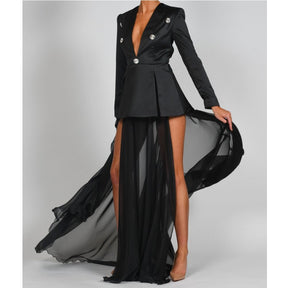Women Blazer Skirt Set Sexy V-neck High Waist Floo-length Long Dress Set Diamond Black Ladies Suit Coat + Mesh Long Skirts Set
