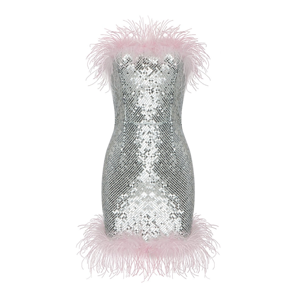 Summer Woman Strapless Mini Dress Pink Ostrich Feather Design Silver Shine Sequins Birthday Party Dress Fashion Catwalk Wear