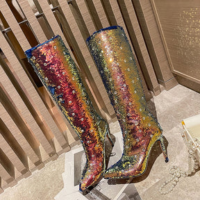 New Sexy Thin High Heel Pointed Toe Party Long Boots Sequin Siamond Mixed Color