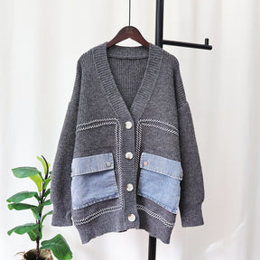 Denim Patchwork Knitting Cardigan For Women Loose Sweater Winter New Fashion