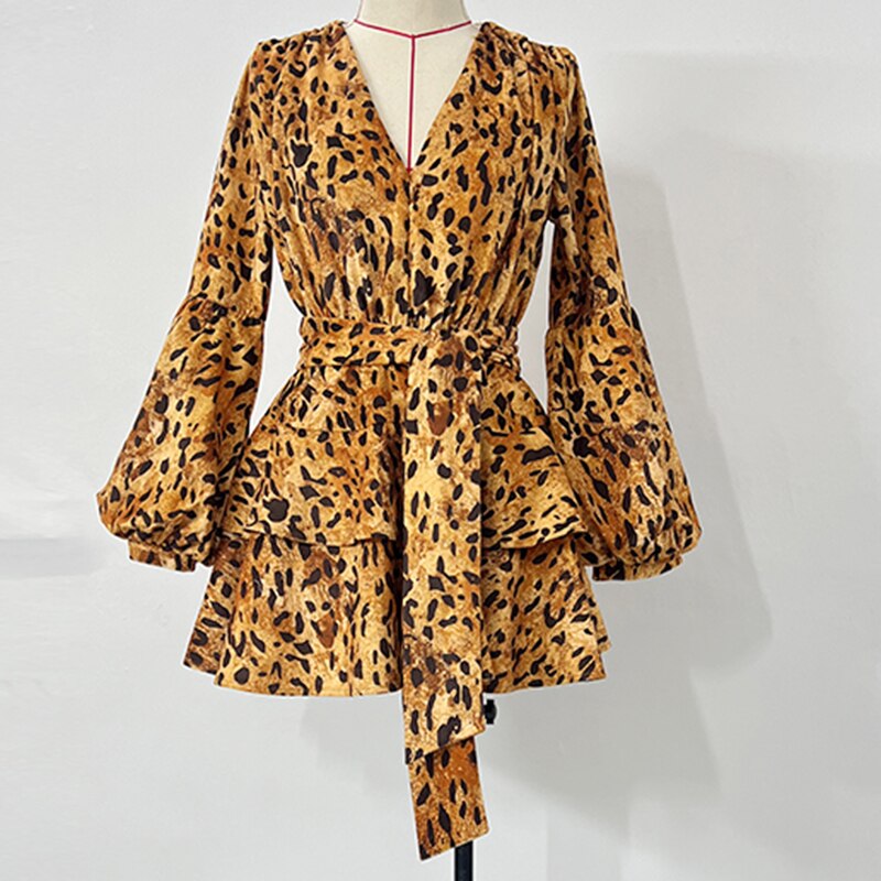 Leopard Print Sexy Dress Women 2022 Autumn Fashion Chic And Elegant Lantern Sleeve Ruffle Short Soft Velvet Dress