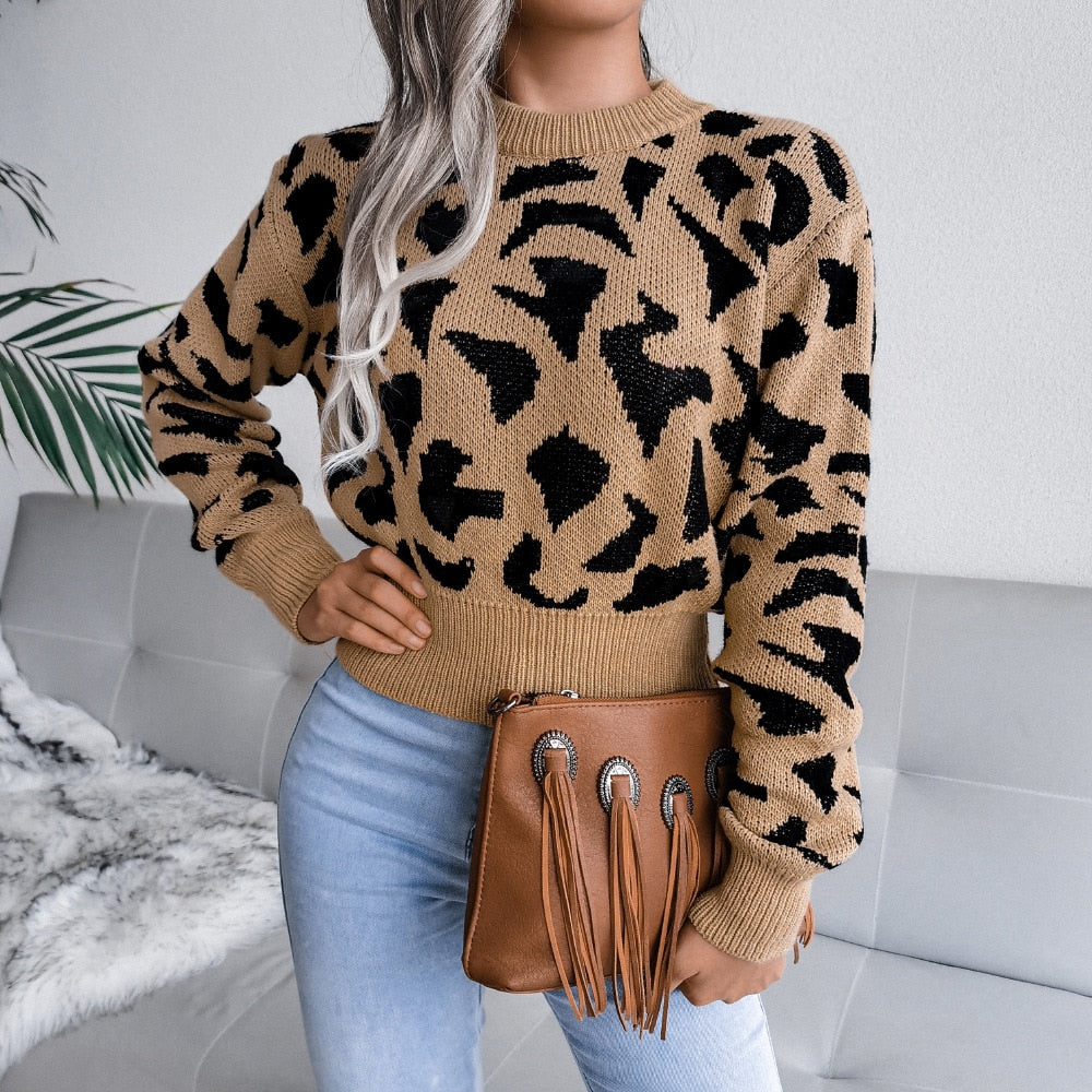 Autumn Winter Casual Leopard Print Nipped Crop Sweater For Ladies Fashion O Neck Long Sleeve Knitted Tops