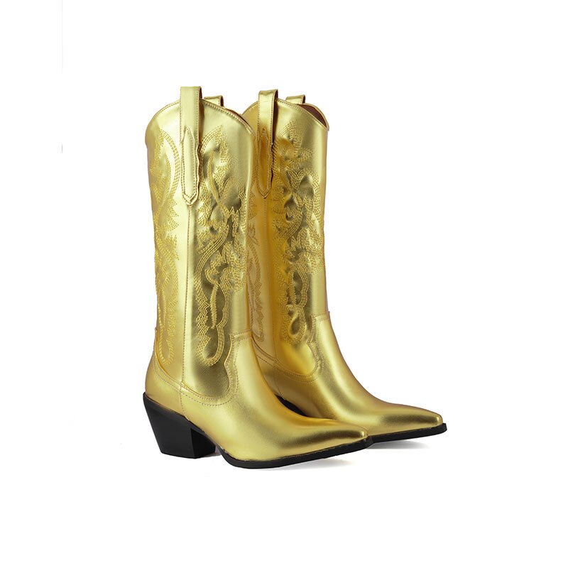 New Western Jeans Totem Boots High Heel Pointed Gold Silver Chelsea Boots Fashion Knee Length Leather
