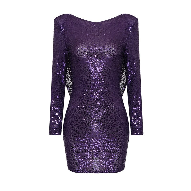 Trendy Purple Sequins Mini Dress Sexy Backless Long Sleeves One Shoulder Celebrity Party Club Vestido
