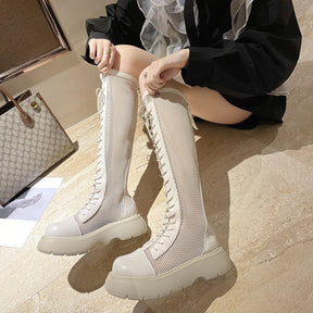 New round head thick bottom 7cm thick heel leather mesh surface cool boots rear zipper Sandals summer women cool boots