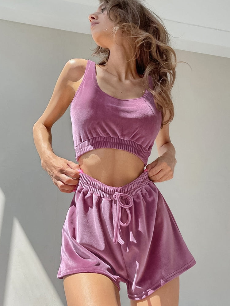 2 Piece Sets Pajamas For Women Sleeveless Crop Top Casual Suits With Shorts 2022 Autumn Female Sleepwear