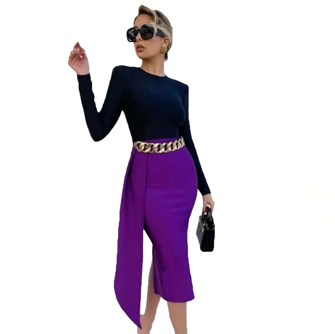 High Quality Bandage Dress Long Sleeve Contrast Color Black Purple Party Club Elegant Women Patchwork Bodycon Sexy Vestidos