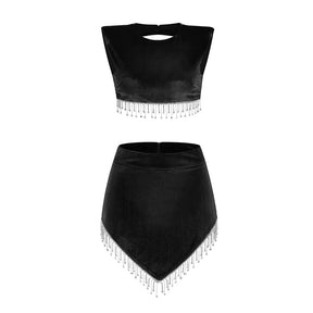 Diamond Fringe Sexy Crop Top &amp; Asymmetric Mini Skirt Two Piece Sets Party Club Wear Outfits Vestidos