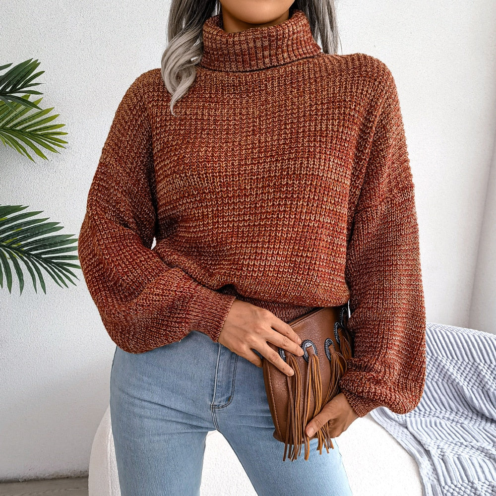 Women Fall Winter Mixed Color Lantern Long Sleeve Turtleneck Knit Loose All Match Sweater For Fashion