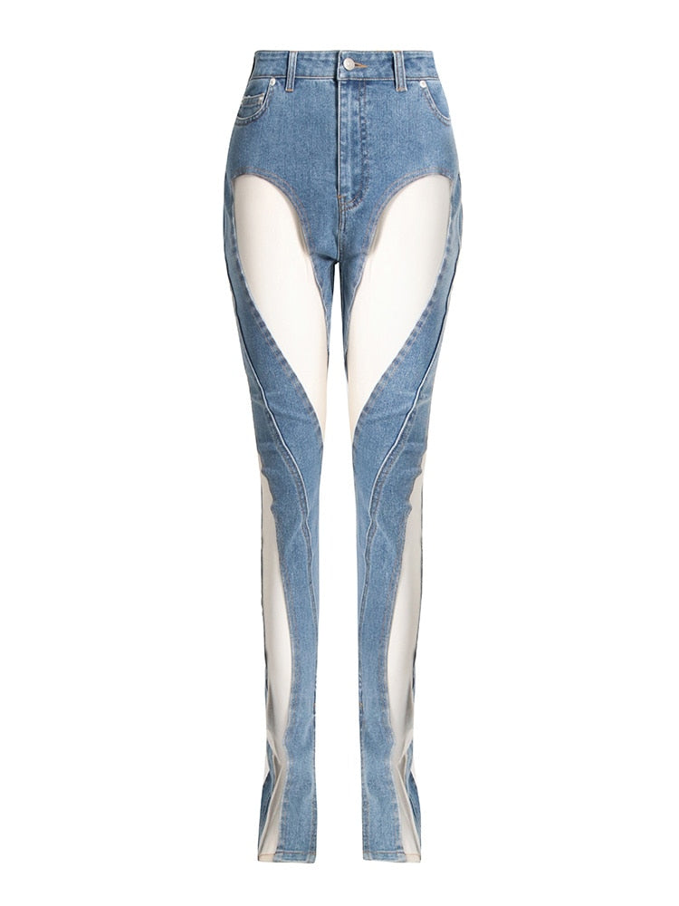 Jeans High Waist Spiral Hollow Out Mesh Design Sense Stitching Slit Denim Pants Autumn 2023 New Tide WY140