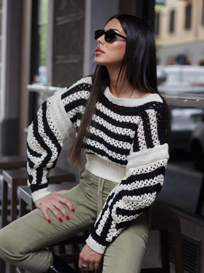 Striped Knit Sweaters Women Fashon Hollow Out Slim Pullover Tops Autumn Winter Elegant Vintage Long Sleeve Sweater Tops