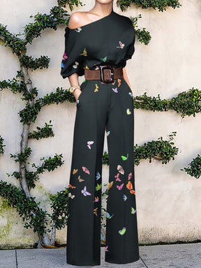 Women Elegant Office Lady Loose Wide Leg Pants Bodysuits Skew Collar Floral Printing Sweet Ladies Jumpsuits Fashion Streetwear