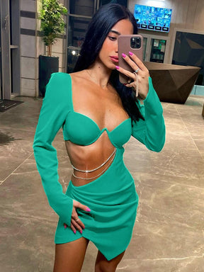 Diamond Chain Hollow Out Full Sleeve Mini Dress For Women Fashion Green Backless Ruched Dress Vestido Clothes