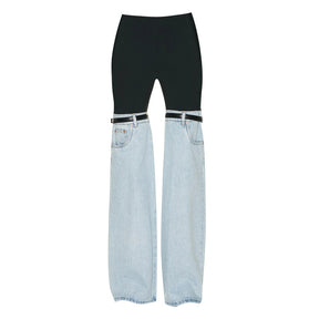 Jeans High Waist Straight Patchwork PU Leather Buckle Streetwear Denim Pants Spring 2023 New Trend
