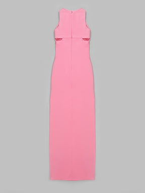 Sexy O-Neck Sleeveless Hollow Long Bandage Dress Elegant Pink Hollow Out Metal Circle Design Bodycon Dress Evening Party Dress
