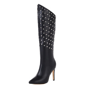 Knee high Riveted Women Boots Fine Heel Rhinestone Frosted/Leather Boots