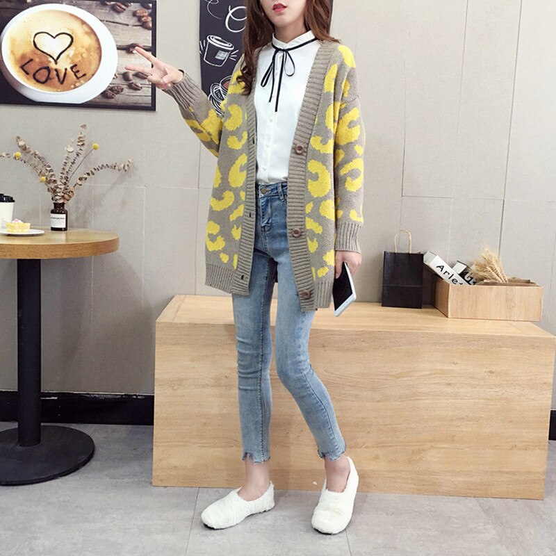 Women Casual Knitted Leopard Sweaters Female V Neck Thick Print Cardigan Coat Loose Button Outwear Tops Autumn Winter