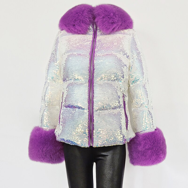 2022  jacket embroidered sequins oversized  real fox fur collar winter thickened warm hooded women