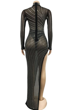Sexy Black Mesh Crystal High Split Irregular Maxi Dress New Women Long Sleeve Bodycon Night Clubwear Long Dress
