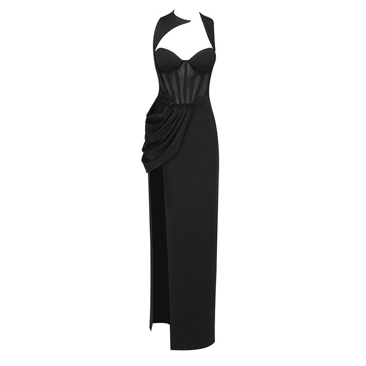 Sexy Hollow V-Neck Sleeveless Floor Length Dress Women Splicing Mesh High Split Long Bandage Dress Black Celebrity Party Dress