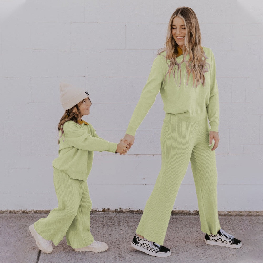 Mum and Daughter Clothes Set Autumn Winter Long Sleeves Top + Wide Leg Pants 2pcs Suit Casual Mommy and Me Outfits Family Look