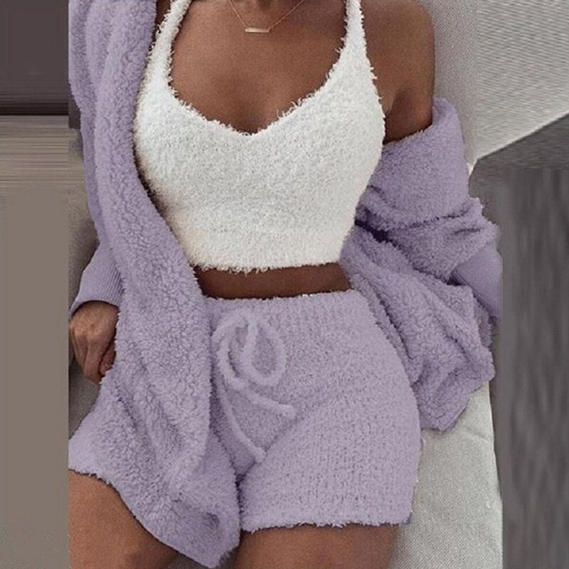 Matching Set Sexy Fluffy Plush Hooded Shorts+Crop Top+Coat 3 Pieces Suit Woman