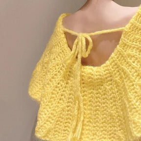 Fashion Chic Spring Women Sweaters New Yellow Knitted Slash Neck Ruffles Back Lace Up Loose Pullovers Female