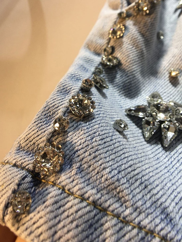 Casual Fashion Women Denim Shorts New High Waist Diamonds Pentagram Straight Short Jeans Female