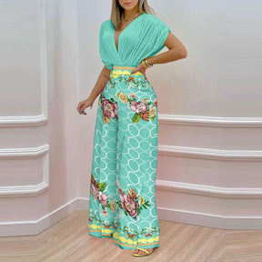 Matching Set  Length Loose Outfits Summer Pullover Tops Wide Leg Pants Print Suit