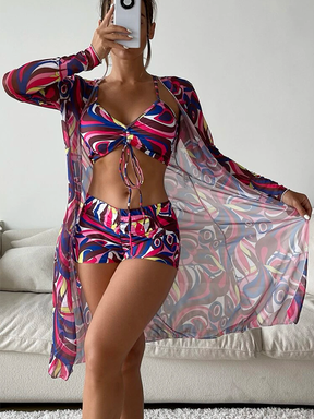 Tropical Allover Print Bikini 3pack Drawstring Ruched Cover Up Women Swimsuit 2023 Long Sleeve Swimwear Beach Wear Bathing Suit