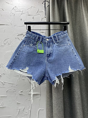 Denim Shorts High Waist Straight Solid Color Button Hollow Out Burr Short Jeans Spring 2023 New