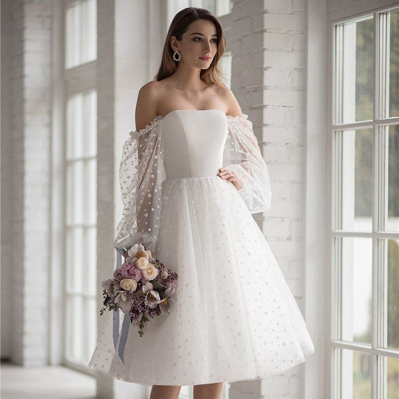 Modern  A-Line Short Wedding Dress For Women 2023 Custom Made Robe De Mariee Dot Net Strapless Detachable Puff Sleeves White