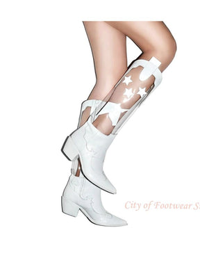 White Star Clear Leather Knee High Boots Women Black Block Mid Heel Pointy Toe Zipper Tall Chelsea Boot  Designer Shoes