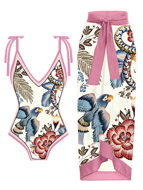 Vintage Color Block Floral Print One-Piece Swimsuit Set Sexy Lingerie For Women Beach Dress Elegance Luxury Slim Fit