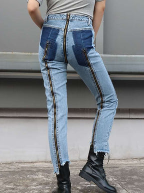 Jeans Patchwork High Waist Zipper Split Fork Burr Long Straight Denim Pencil Pants Spring 2023 New